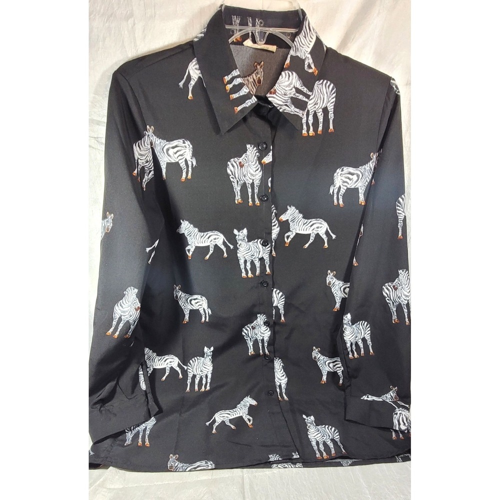 SundayUp Women's Long Sleeve Zebra Print Dress Shirt Blouse - Black - Small